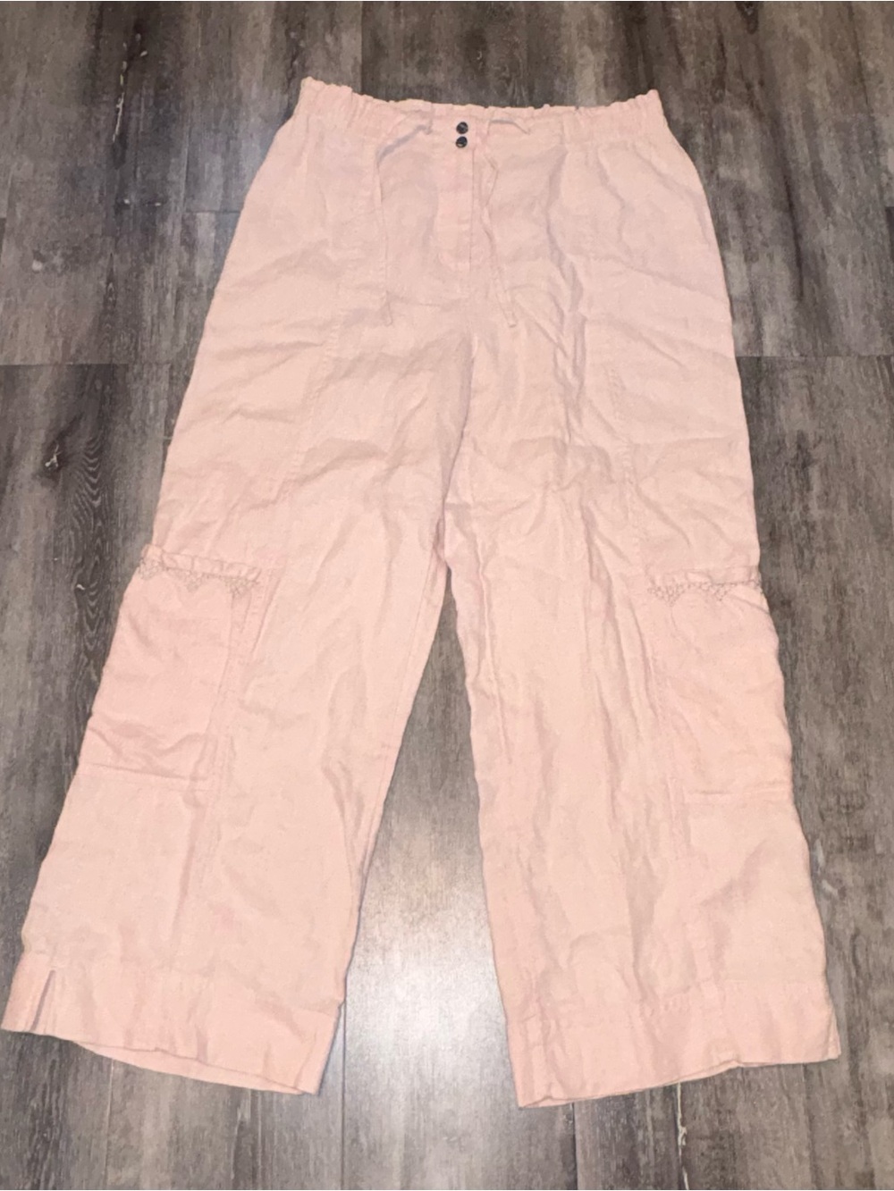 J. Jill Women’s Sz 8 Pink Linen Cargo Pants Tie/Zip Waist Ankle Trousers Travel